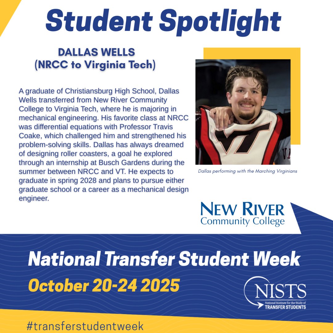 NRCCedu's tweet photo. NRCC continues to celebrate National Transfer Student Week! 
Meet Dallas Wells, an NRCC to VT transfer student. #TransferStudentWeek #NRCC #WhereYouBelong https://t.co/gJgw8gplRb