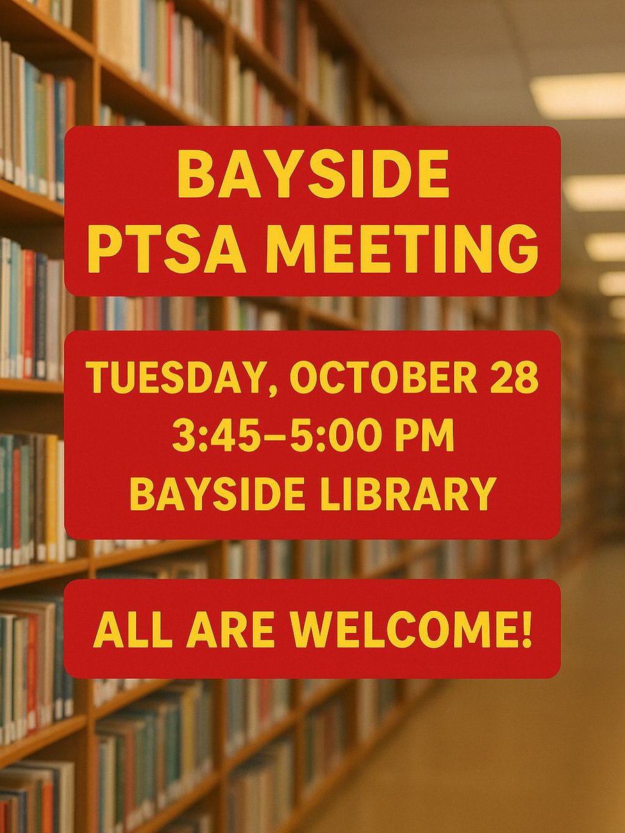 bhsvbptsa's tweet photo. 📣 Join us for the Bayside PTSA meeting!
🗓 Tuesday, Oct. 28
🕞 3:45–5:00 PM
📍 Bayside Library

Come get involved, share ideas, and help make Bayside even better! ❤️💛 https://t.co/22SQsXOia1