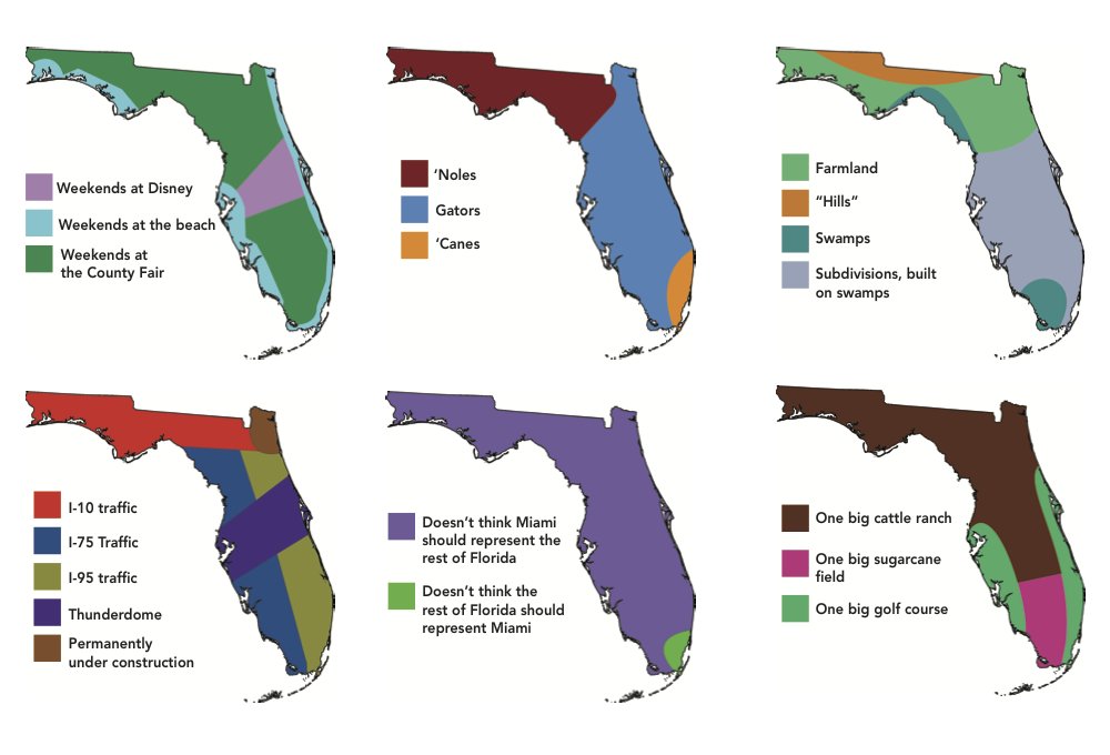 TerribleMaps's tweet image. Six completely accurate ways to divide Florida