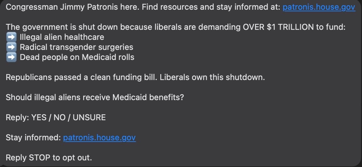 SoCaliGirlO2's tweet photo. @JimmyPatronis you are sending auto texts out blatantly  lying about the shutdown. 

undocumented immigrants ONLY receive healthcare assistance when it is an lifesaving emergent basis called Emergency Medicaid. 

And yes, ANY human deserves this assistance! 

Stop your lies!!! https://t.co/mjN7LB1CUd