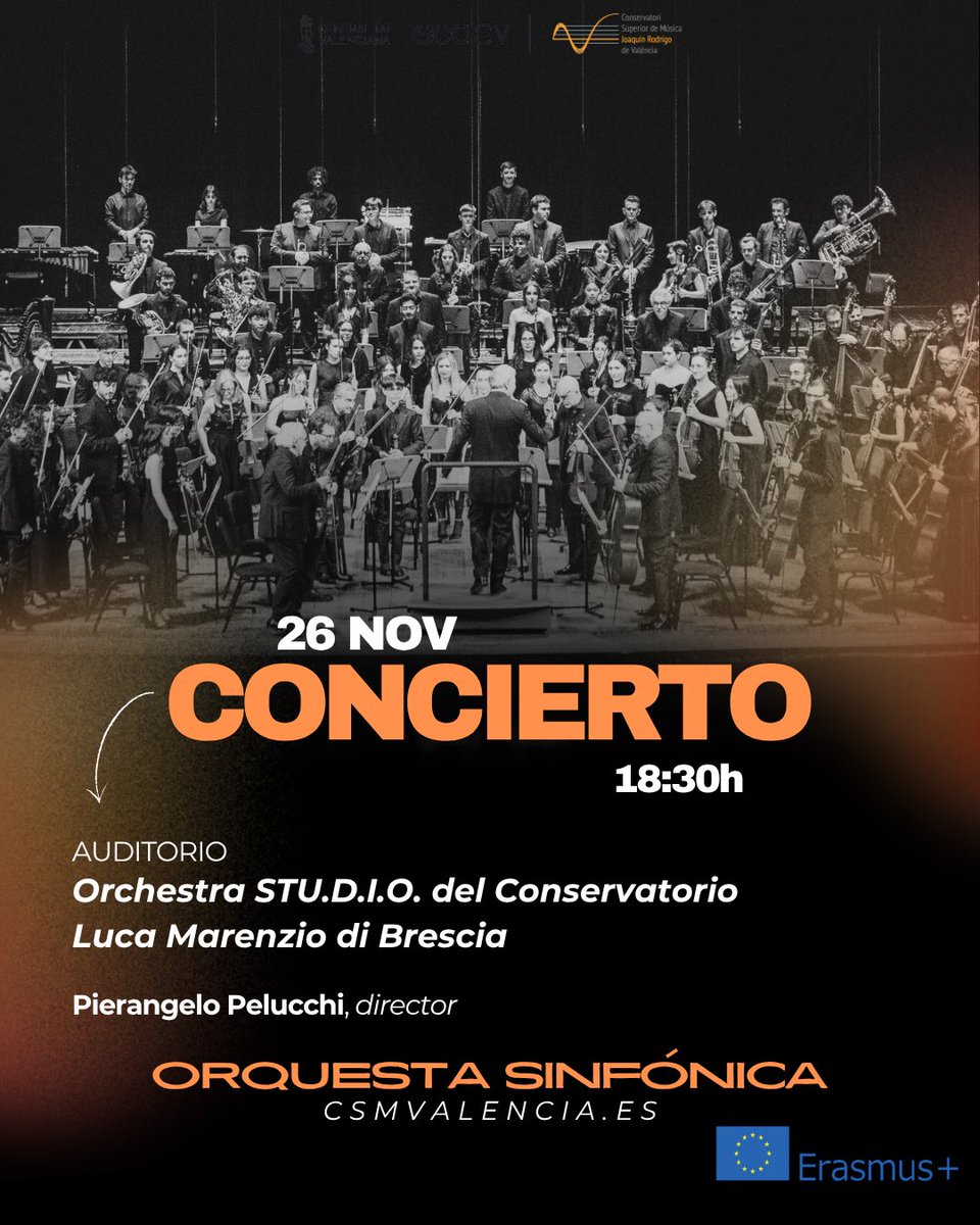 🎶✨ ¡Justamente falta un mes! 🎻 No te pierdas una de las citas más especiales del curso en el Conservatorio Superior de Música “Joaquín Rodrigo” de Valencia 🎺🇮🇹

Los días 25 y 26 de noviembre a las 18:30h 🗓️, el Auditorio de nuestro centro acogerá dos conciertos únicos!