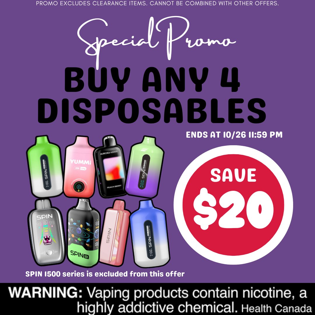 🔥 SPIN Weekend Special is LIVE!
Buy ANY 4 disposables → SAVE $20 💨
Mix your favourites &amp; enjoy up to 30,000 puffs per device!
Ends Oct 26 @ 11:59 PM (ET) ⏰
🛒 No code needed → spinvape.ca

#SPINVAPE #VapeDeals #VapeCanada #VapePromo #VapeLife #DisposableVape