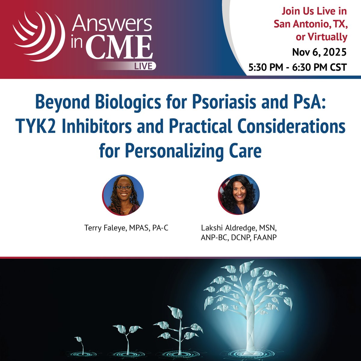 📣 Save your spot! Nov 6—in San Antonio and online— Ms. Faleye &amp; Ms. Aldredge share insights on psoriatic disease management and TYK2 inhibition.

👉 answersincme.com/100752367?Prom…

#AnswersInCMELive #GetYourAnswersInCME #CME #MedEd #LiveCME #SDPAFall2025 #DermPAsInTexas