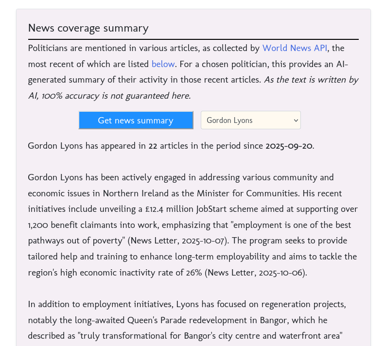 nipoligraph's tweet image. The news page gives summaries of recent coverage, searchable by person. These are AI-powered and give a good guide to recent activities. Also available on the individual profile pages.
nipoligraph.co.uk/what-we-report
nipoligraph.co.uk/individual?mla…
nipoligraph.co.uk/individual?mla…