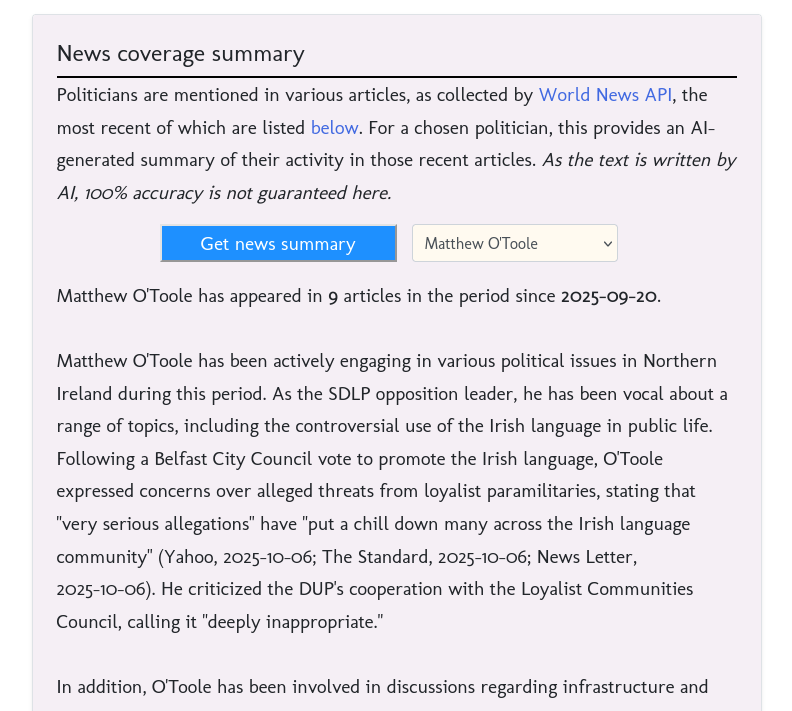 nipoligraph's tweet image. The news page gives summaries of recent coverage, searchable by person. These are AI-powered and give a good guide to recent activities. Also available on the individual profile pages.
nipoligraph.co.uk/what-we-report
nipoligraph.co.uk/individual?mla…
nipoligraph.co.uk/individual?mla…