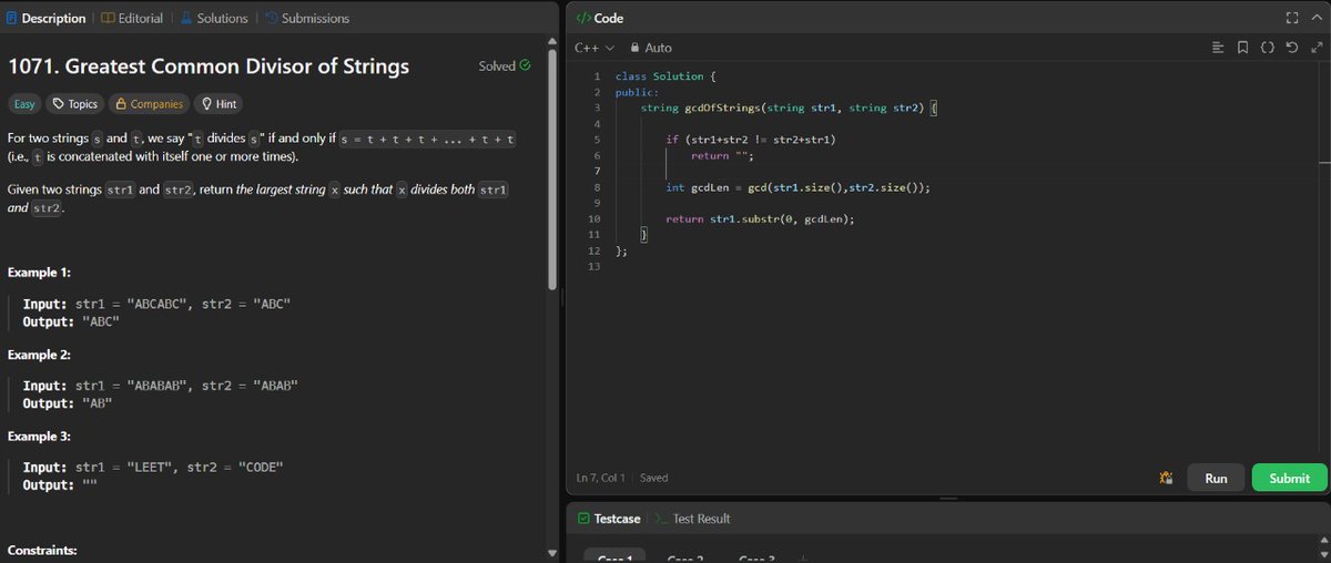 ANNISH_SEN's tweet image. Day 36 of my #LeetCode75
Problem: Greatest Common Divisor of Strings (LeetCode 1071)
Idea:
If (str1 + str2) != (str2 + str1), no common divisor exists.
Otherwise, the answer is the substring of str1 with length equal to gcd(len(str1), len(str2)).
#100DaysOfCode #LeetCode #DSA