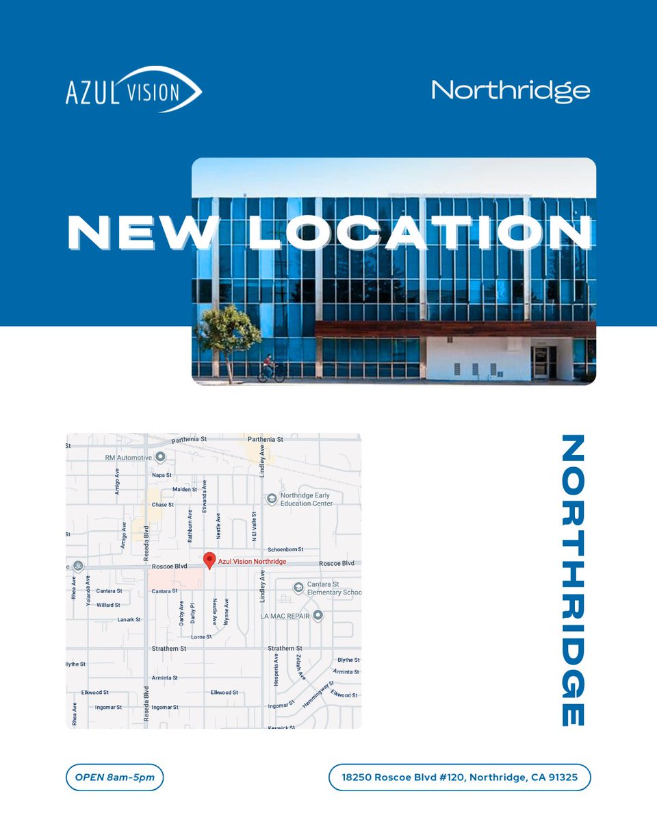 AzulVisionX's tweet image. Azul Vision is growing again with our new Northridge location now open! This further expansion into the San Fernando Valley brings trusted eye care even closer to home.

⏰ Open 8 AM – 5 PM
📍 18250 Roscoe Blvd #120, Northridge, CA 91325
✅ Appointments available now