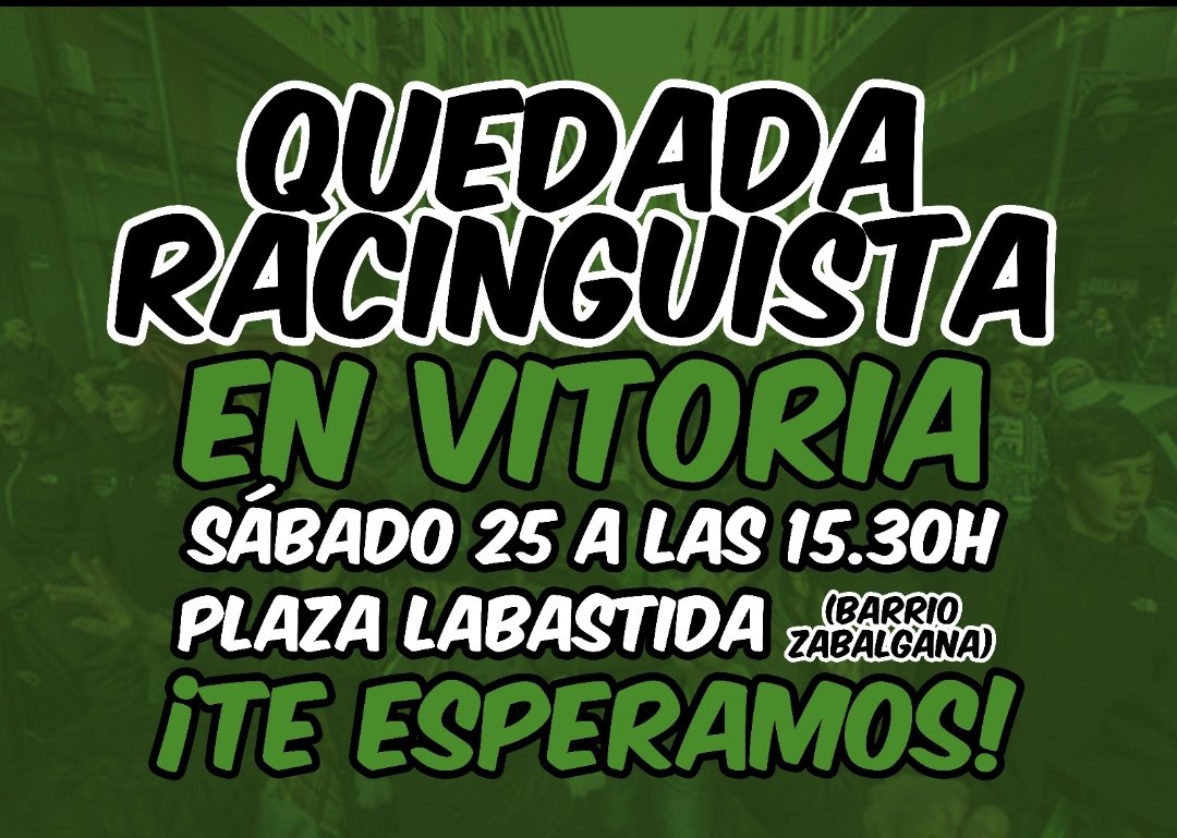 Racinguistas a descansar, que mañana tenemos una nueva batalla.

Nos vemos desde las 15:30 en  la poaza La Bastida (Barrio Zabalgana) de Vitoria.

Te esperamos!!!!

<a href="/GradonaMalditos/">Gradona de los Malditos</a> 
<a href="/realracingclub/">Real Racing Club</a> 
<a href="/RacingFundacion/">Fundación Real Racing Club</a>