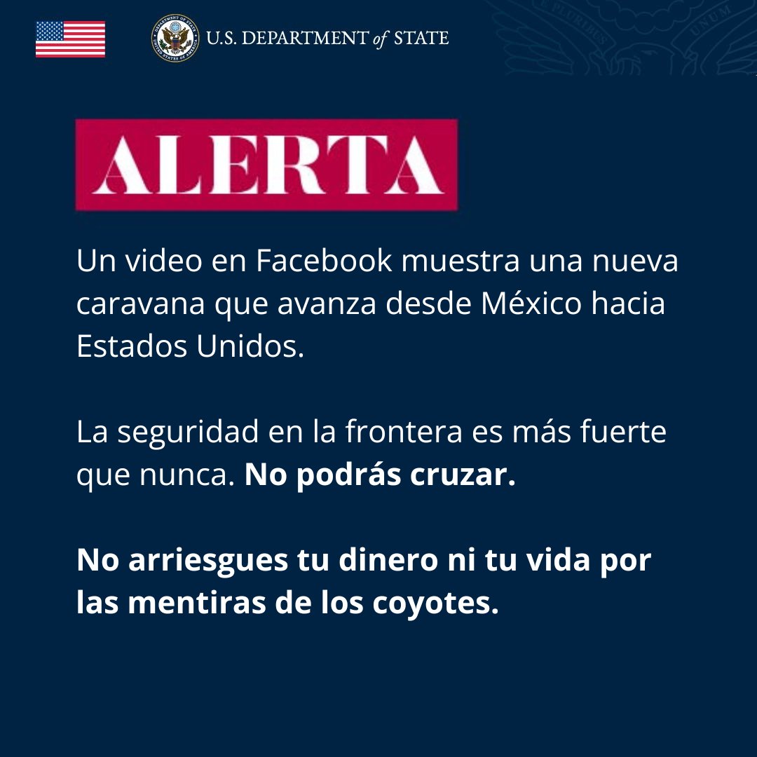 ATENCIÓN: 

En Facebook circula un nuevo video que muestra una caravana moviéndose desde hacia . Esta es una de las mentiras que difunden los polleros. No existe ninguna caravana rumbo a la frontera. 

Comparten estos videos para hacerte creer que cruzar es fácil, pero la