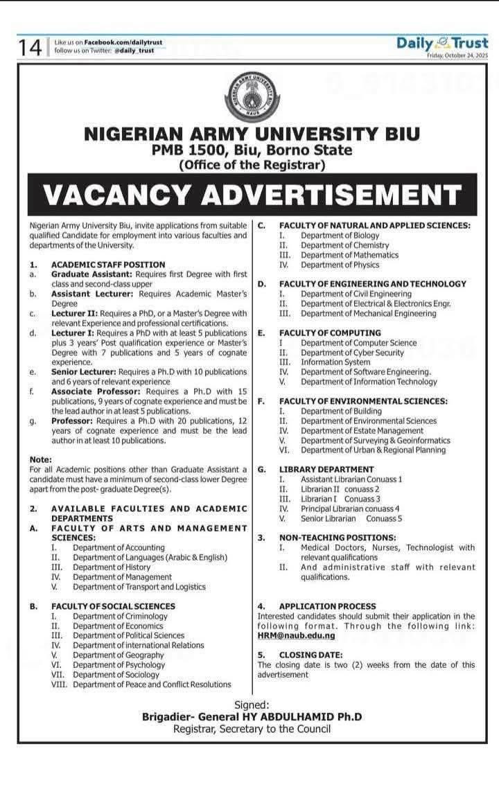 JOB ALERT: Nigerian Army University Biu is Recruiting!

ACADEMIC STAFF POSITIONS:
• Graduate Assistant (First Degree + First Class)
• Assistant Lecturer (Master’s Degree)
• Lecturer II (PhD or Master’s + relevant certification)
• Lecturer I (PhD + 5 publications + 3 years