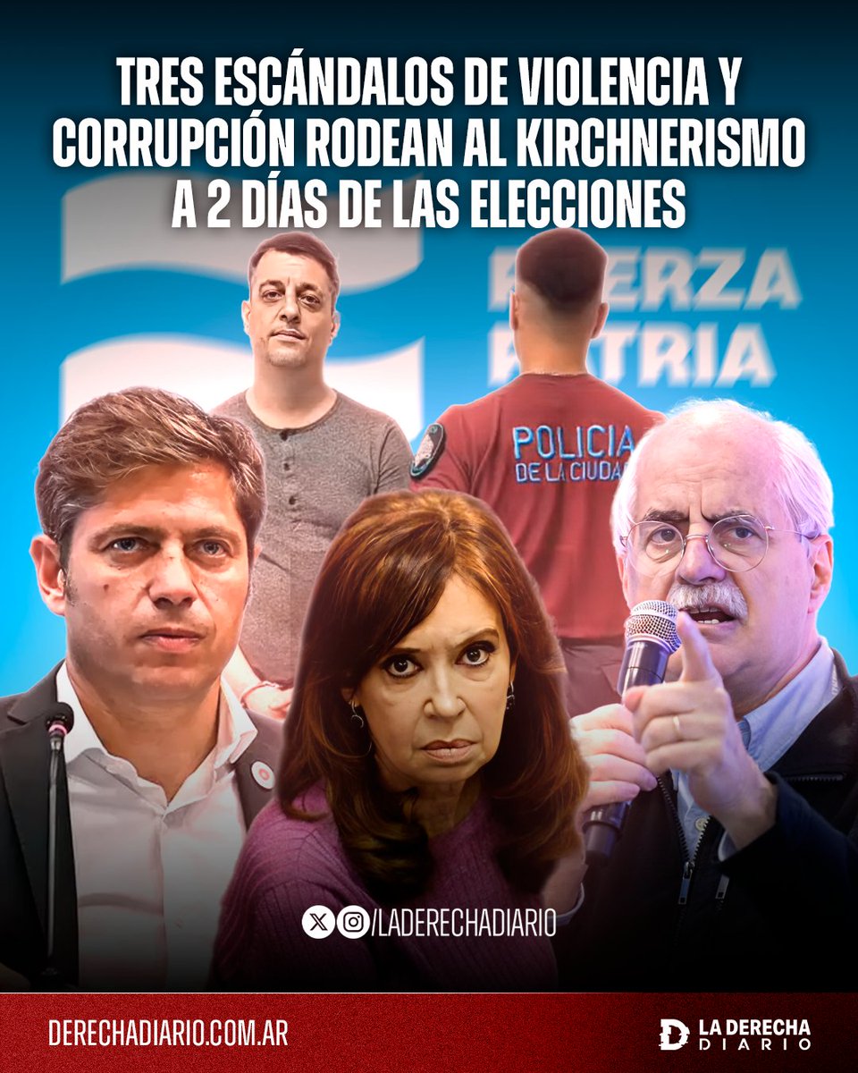 🚨🇦🇷 | NO LO PUEDEN EVITAR: Tres escándalos de violencia y corrupción rodean al kirchnerismo a 2 días de las elecciones nacionales.

- El fundador de "La Néstor Kirchner" fue detenido por secuestrar y golpear a su novia, Lowrdez de Bandana.
- La casa donde asesinaron a las