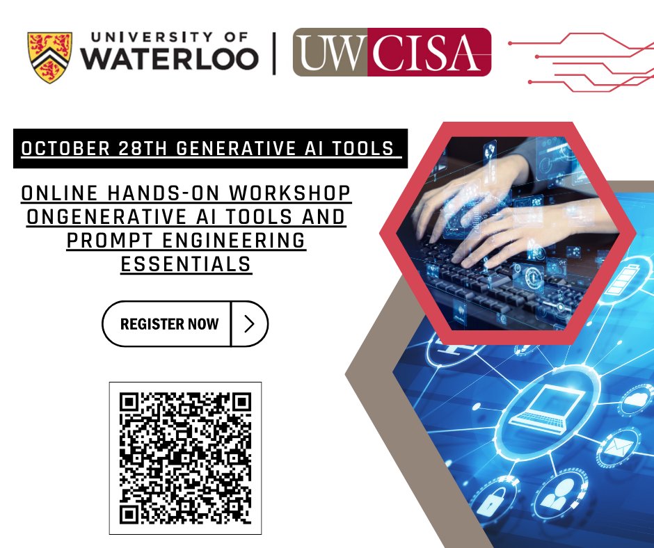 UWCISA1's tweet photo. 🚀 Online Hands-on Workshop: Generative AI Tools &amp; Prompt Engineering Essentials

Date/Time: Tuesday, October 28, 2025 | 10:00 AM ET
 Format: Live online, hands-on
 Fee: $200 (+HST) — includes all materials
 CPD: 4 hours

👉 Register: https://t.co/afH9qSuOy5

@UWaterlooSAF https://t.co/IhjrqUObPU