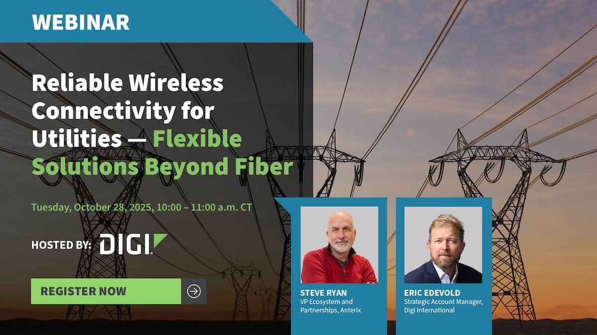 digidotcom's tweet image. Last chance to register! 📅 Webinar: Wireless Connectivity for Utilities — Flexible Solutions Beyond Fiber
Join Digi and Anterix — a guide for #utilities to boost #SCADA performance and reliability without replacing existing infrastructure. #IoT Register: hubs.la/Q03Q5vQl0