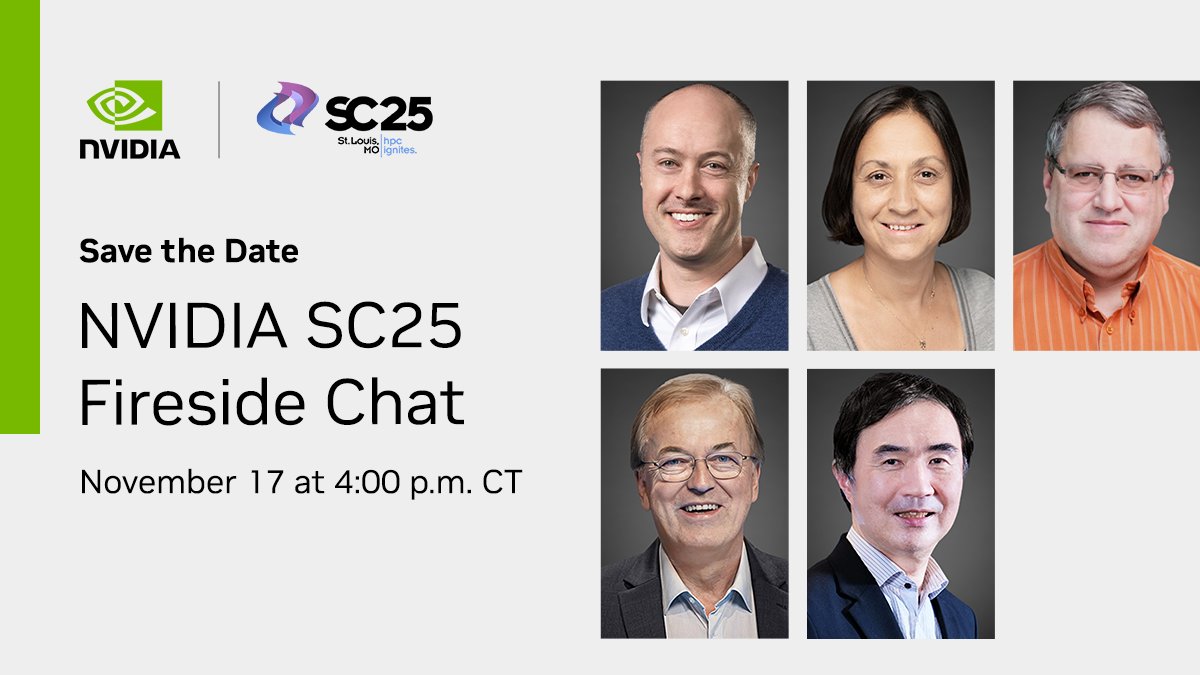 NVIDIADC's tweet image. 🗓️ Save the date for the NVIDIA #SC25 Fireside Chat: AI Transforming Science. 
Hear Ian Buck & global pioneers (DOE, RIKEN, Jülich, TACC) discuss how #AI and #quantum are reshaping science. 
Register now. 👉 nvda.ws/47pGFjF