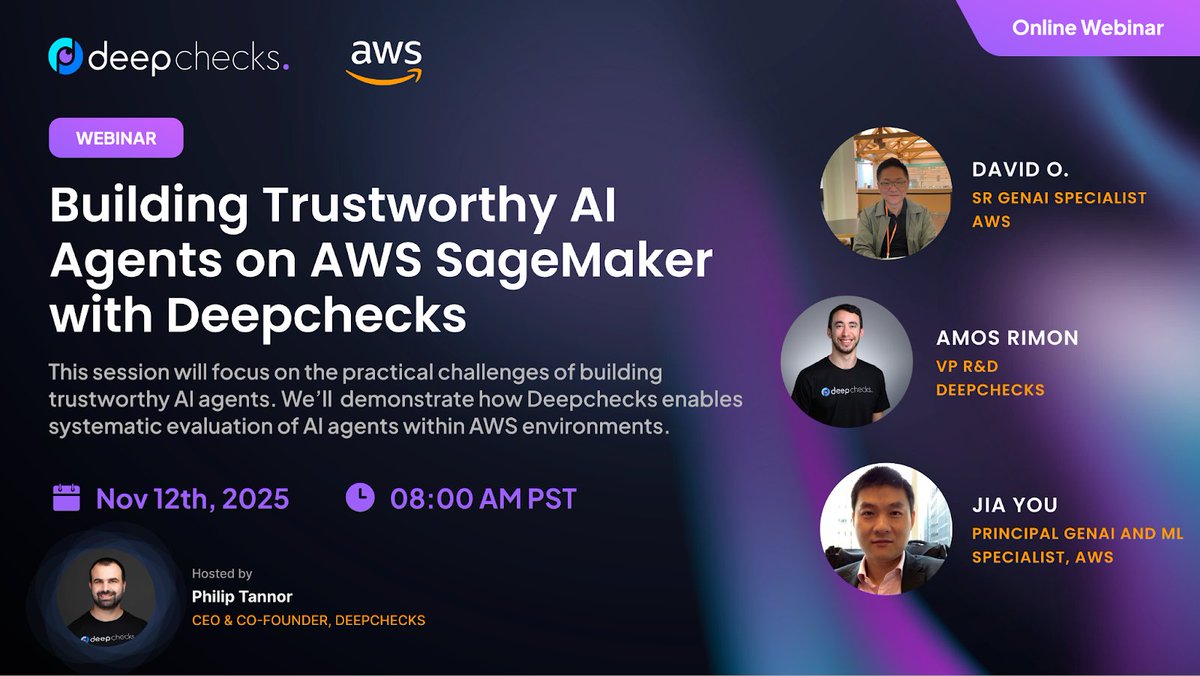 AWSAI's tweet image. Learn how to evaluate your AI agents on #AmazonSageMakerAI with Deepchecks 🧪👾🚢

Join our #AWS partner webinar with @deepchecks on November 12th at 8AM PST to explore building trustworthy AI systems using Amazon SageMaker. #agenticAI

👉 go.aws/4qrfwVZ