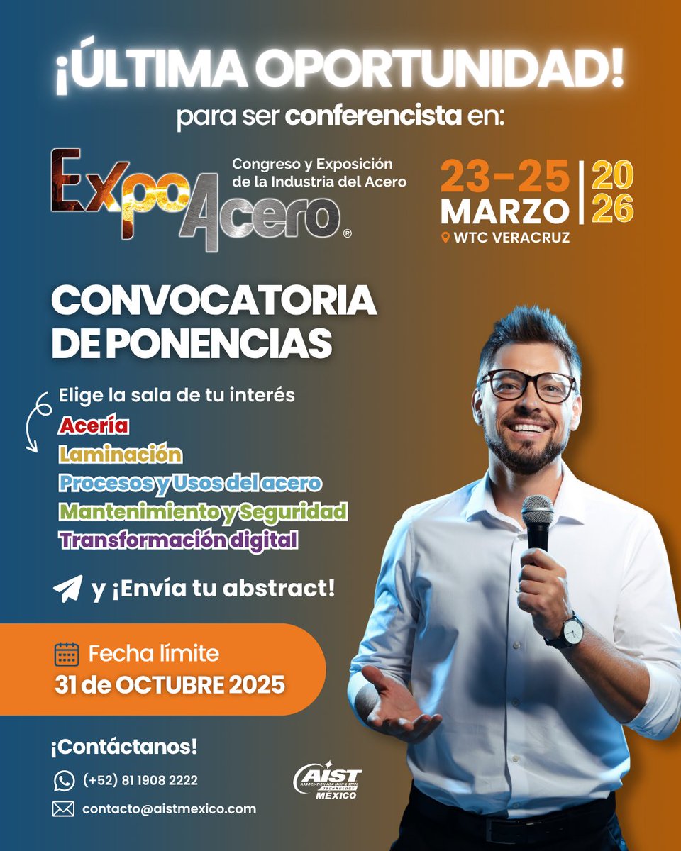 ⏰ ¡Última llamada para ser parte de ExpoAcero 2026! 🫵🏼

🤳🏼 Sube tu abstract aquí: aistregistro.com/conferenciasex…

Sé conferencista en el evento técnico más grande de Latinoamérica. ⚙️🌎

#expoacero2026 #aistmx #acero #callforpapers #veracruz