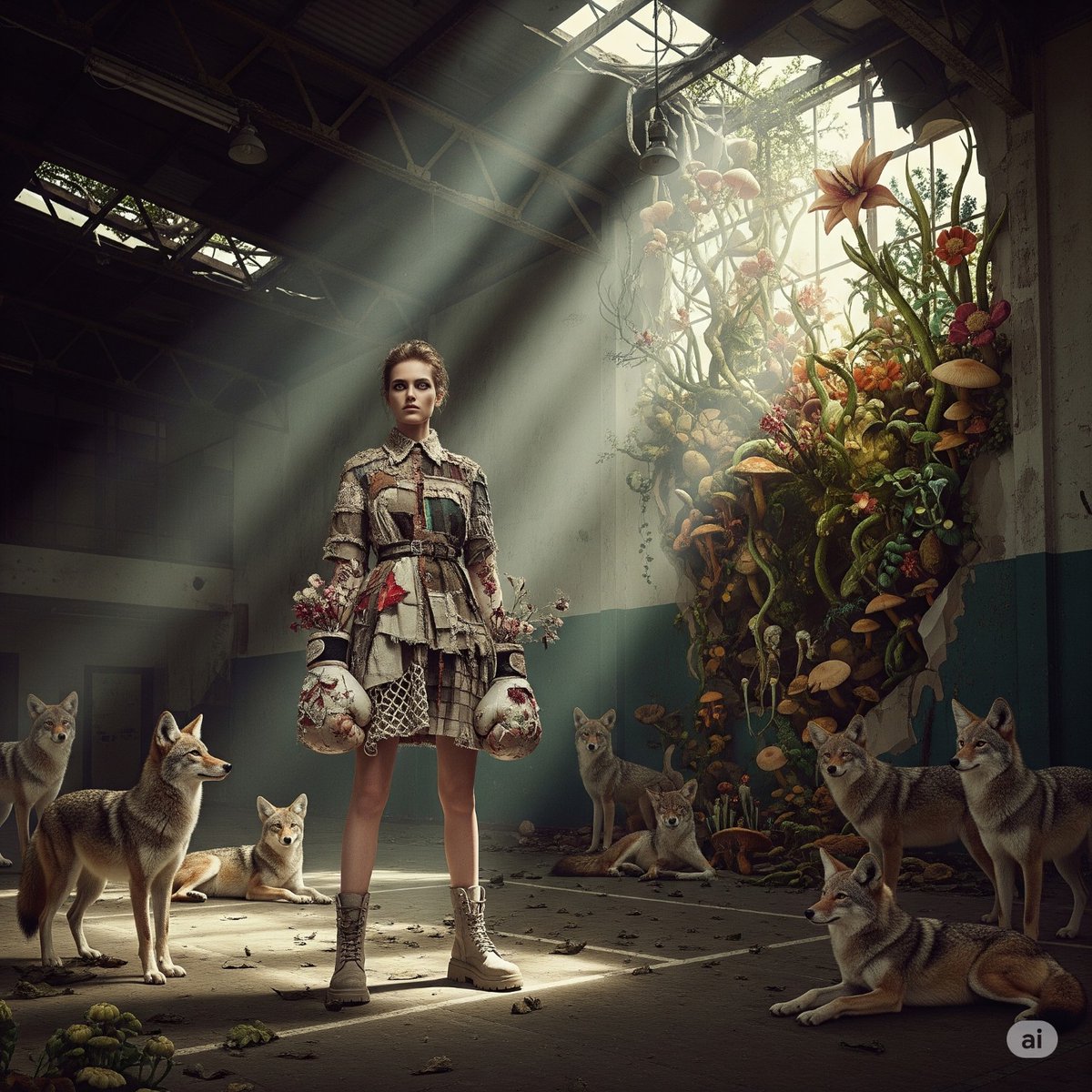 syntaxaegis's tweet image. She wore gloves full of flowers and stood where the coyotes called council—beneath the ruined roof, near the blooming wall that never stopped growing.
#hautecouture #surrealism #art #couture #fashionphotography