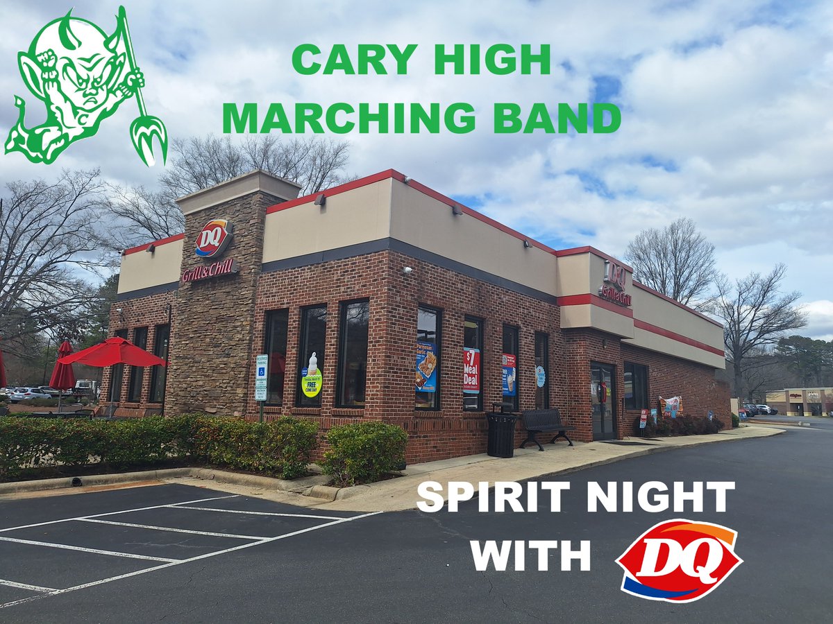 Stop by the Cary DQ on Walnut St this Wednesday Night for Spirit Night!  We'll be hosting the Cary High Band and we'll be donating a portion of all sales to the Cary Band Boosters.  We hope to see you there.

#SchoolSpiritNight #CaryNC #LoveMyDQ