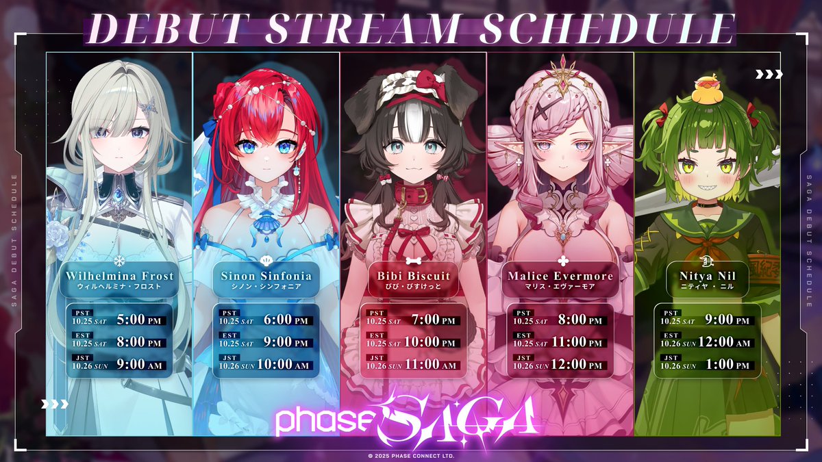 PhaseConnect's tweet image. 📽️Phase Saga Debut Schedule📽️
The debuts are starting tomorrow! Don't miss out on their very first stream as members of Phase Connect! 
Debut Playlist: bit.ly/sagadebut
Remember to subscribe to the talents on both YouTube and Twitch! 
See you all at debut!
🔽Stream…