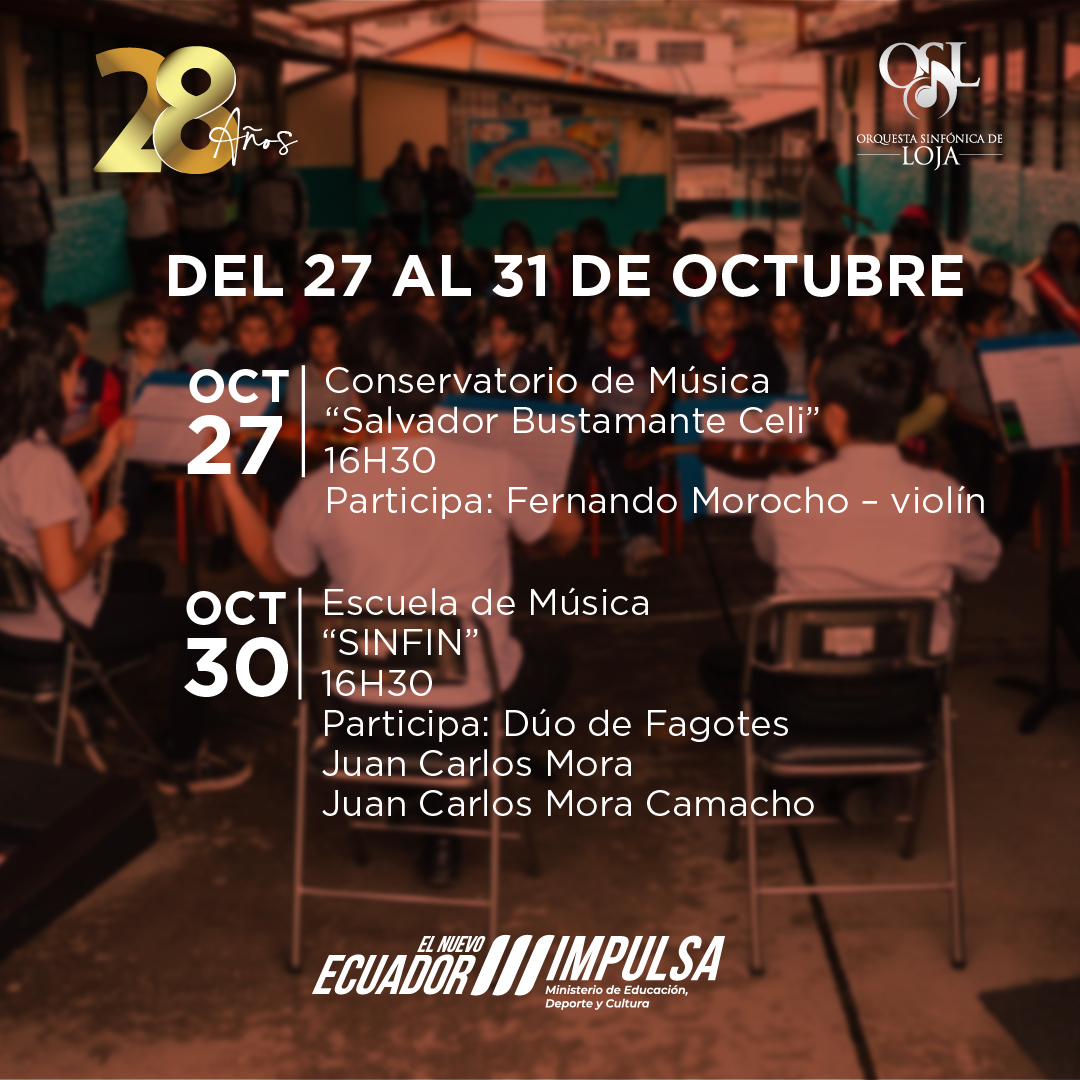 Nuestros músicos comparten su arte en Sesiones Pedagógicas para apoyar la formación de los más pequeños.
🎻 Lunes 27: Fernando Morocho – Conservatorio Salvador Bustamante Celi

🎶 Jueves 30: Juan Carlos Mora y Juan Mora Camacho – Escuela Sinfín

#SomosOsl