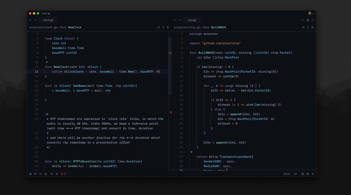 Hi_Mrinal's tweet image. Yoo, I wrote a frame level audio and video sync layer in Golang 

in the core it just gives an API endpoint, which is used to get those timed frames for decoding .. In the stress tests, it maintains p99 drift of just 1.8 ms on 1 Mbps, 30 fps streams while handling packet loss