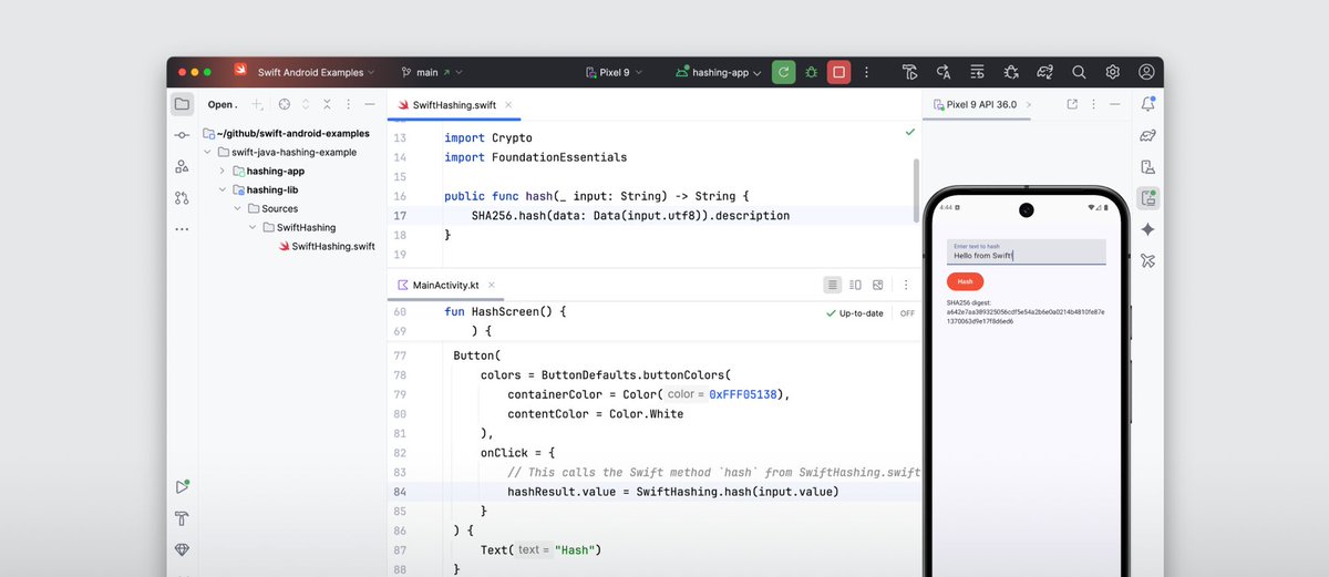 SwiftLang's tweet image. 📣Announcing the first preview releases of Swift for Android, enabling you to build Android business logic with the same Swift that you use for Apple platforms. swift.org/blog/nightly-s… #Android