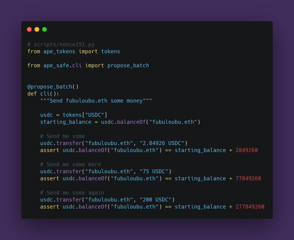 fubuloubu's tweet image. Working on a new feature for ape-safe, something I am calling &quot;queue scripts&quot;

h/t @johnnyonline_ @milkyklim