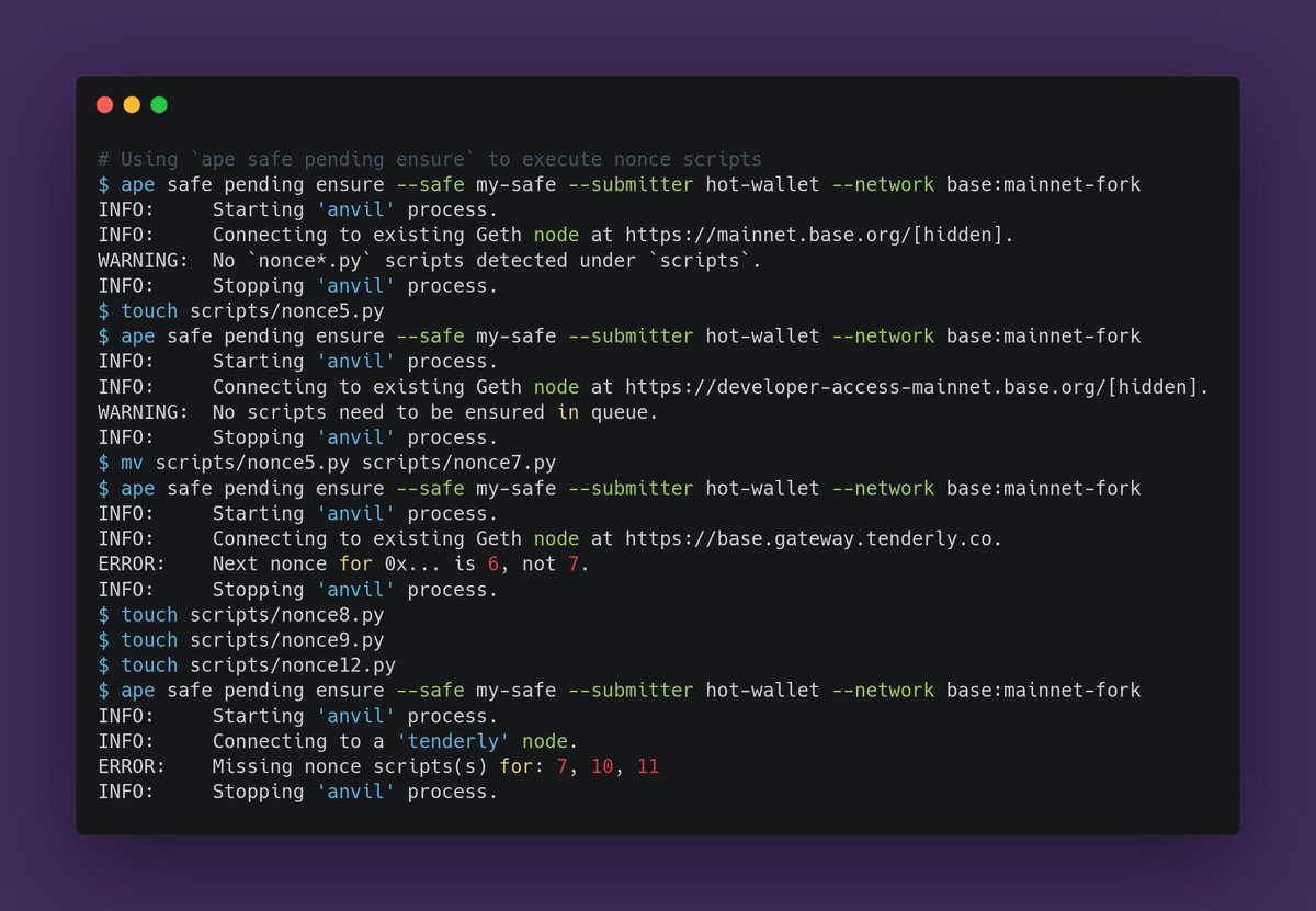 fubuloubu's tweet image. Working on a new feature for ape-safe, something I am calling &quot;queue scripts&quot;

h/t @johnnyonline_ @milkyklim