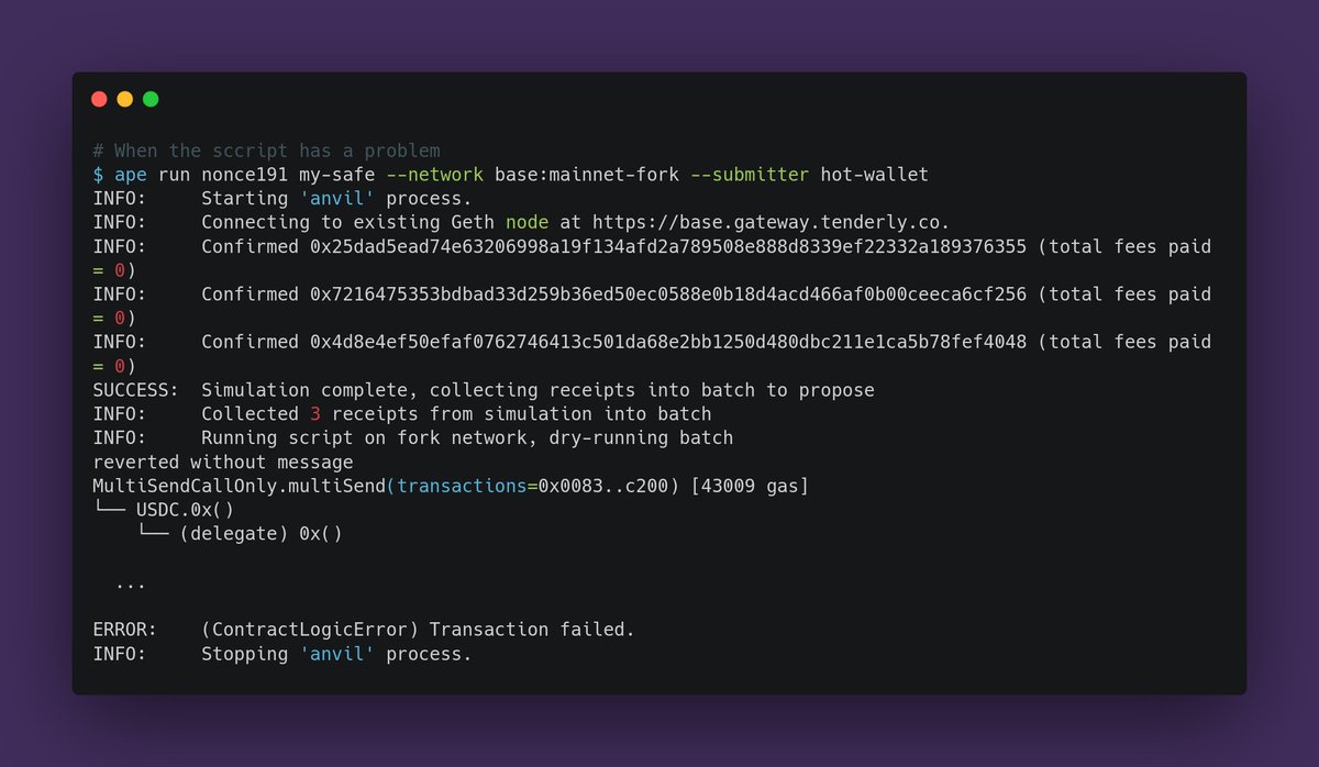 fubuloubu's tweet image. Working on a new feature for ape-safe, something I am calling &quot;queue scripts&quot;

h/t @johnnyonline_ @milkyklim