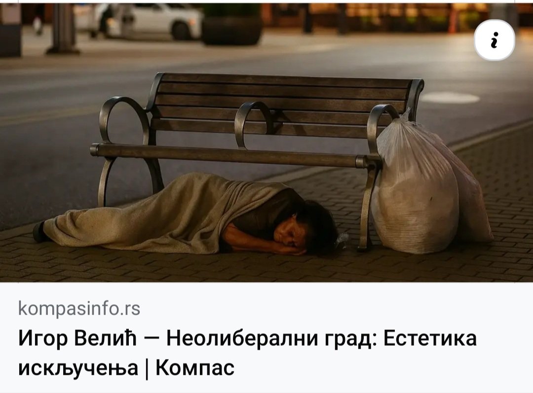 javnirizik's tweet image. ✍У таквом оквиру, архитектура непријатељства постаје
логична последица – она је визуелна и просторна политика која брише оне који кваре
естетику капитала. 

📖👉 kompasinfo.rs/igor-velic-neo…

#hostilearchitecture #defensiblespace #blog