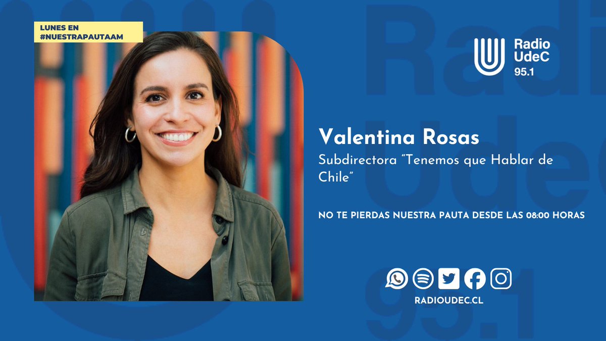 Radio UdeC (@radioudec) on Twitter photo #Entrevista 🎙️ Este lunes en #NuestraPautaAM:
🔹Conversaremos con la subdirectora de "Tenemos que hablar de Chile", Valentina Rosas, sobre propuestas ciudadanas para las candidaturas presidenciales.
<a href="/tqhdch/">Tenemos que Hablar de Chile 🇨🇱</a>
📻95.1 FM
💻radioudec.cl #Entrevista 🎙️ Este lunes en #NuestraPautaAM:
🔹Conversaremos con la subdirectora de "Tenemos que hablar de Chile", Valentina Rosas, sobre propuestas ciudadanas para las candidaturas presidenciales.
<a href="/tqhdch/">Tenemos que Hablar de Chile 🇨🇱</a>
📻95.1 FM
💻radioudec.cl