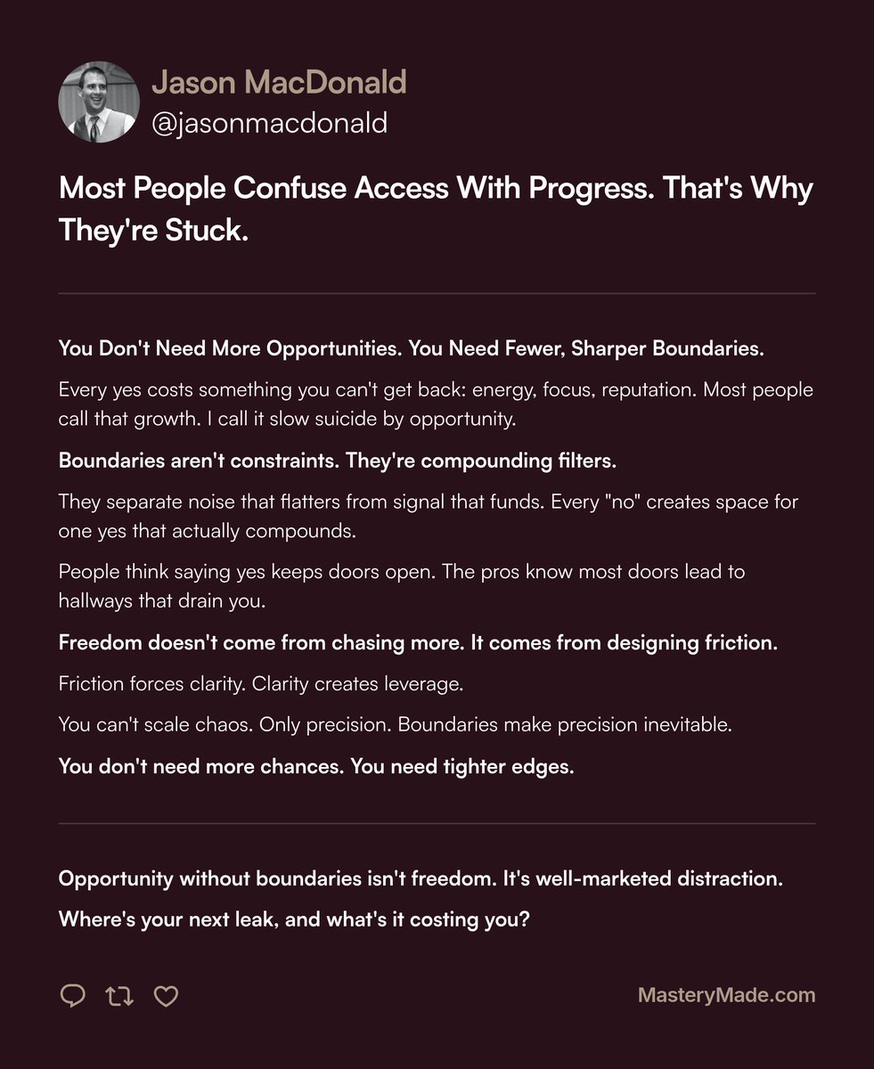 macdonaldjasond's tweet image. Most people confuse access with progress. That's why they're stuck.
If you're ready for tighter edges 👇