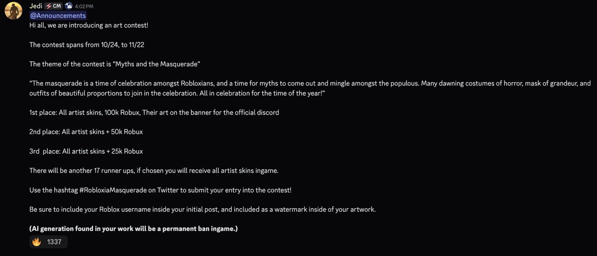 Forsaken_News's tweet image. 🚨News🚨

The Forsaken Team is holding an art contest!
The theme of the contest is “Myths and the Masquerade".
Make sure to read the entire post!

Use the hashtag #RobloxiaMasquerade to submit your entry into the contest!

#Forsaken #forsakenart