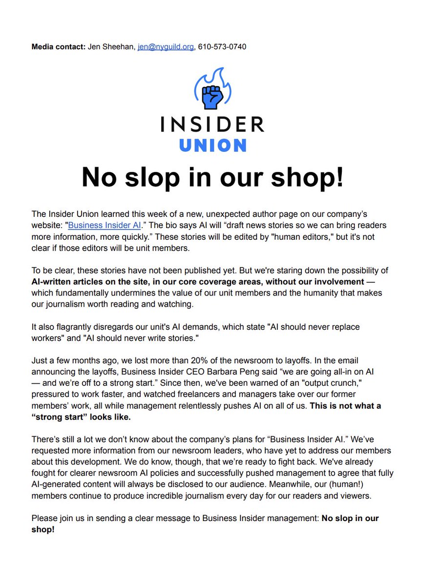 No slop in our shop! Here's our statement on <a href="/BusinessInsider/">Business Insider</a>'s plans to publish AI-generated stories on our site — and how we'll be fighting back: