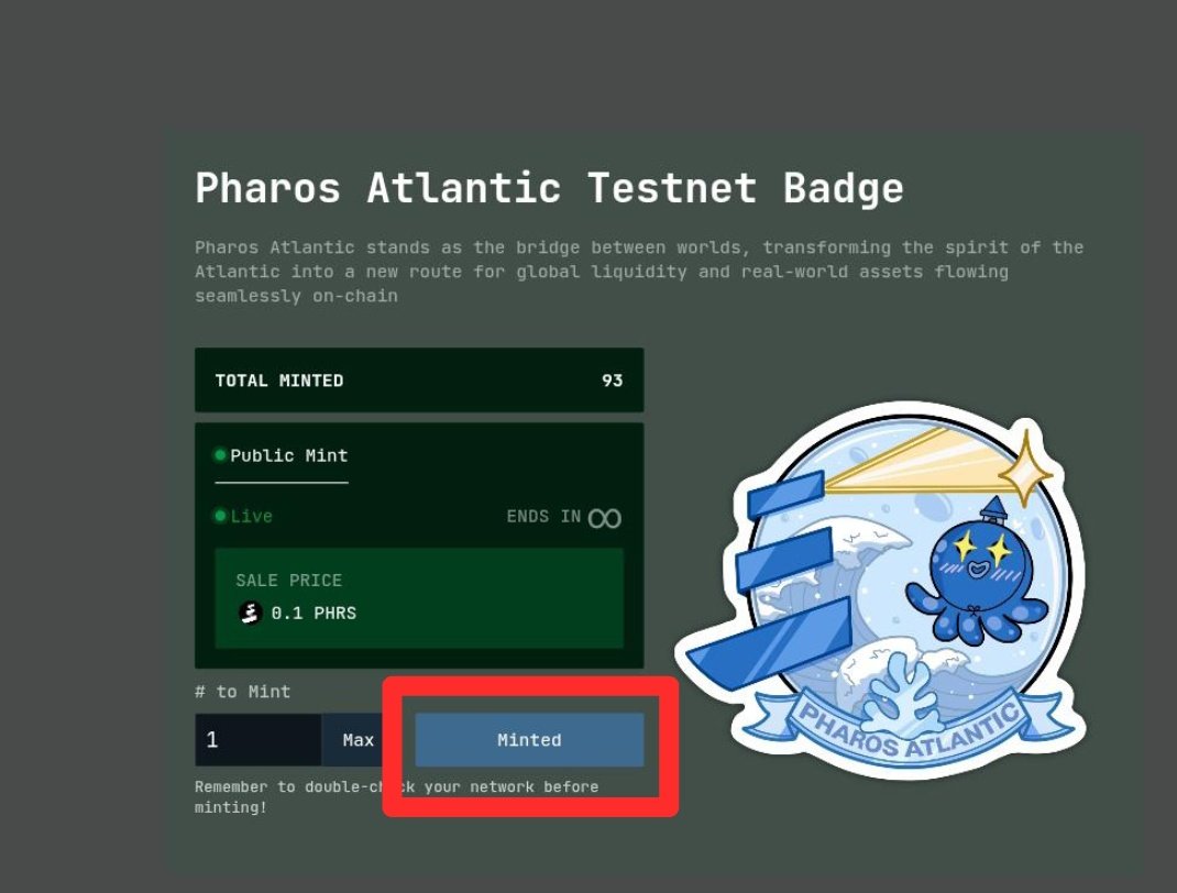 Just minted my Pharos Atlantic Ocean badge 🔥🔥🔥🔥

- New NFT badge live on <a href="/grandline_world/">Grandline</a> 
- Cost : 0.1 PHRS
- Badge: Pharos Atlantic 
Link: atlantic.grandline.world/launchpad/mint/

Be early to mint sailors 
Need faucet 🤔