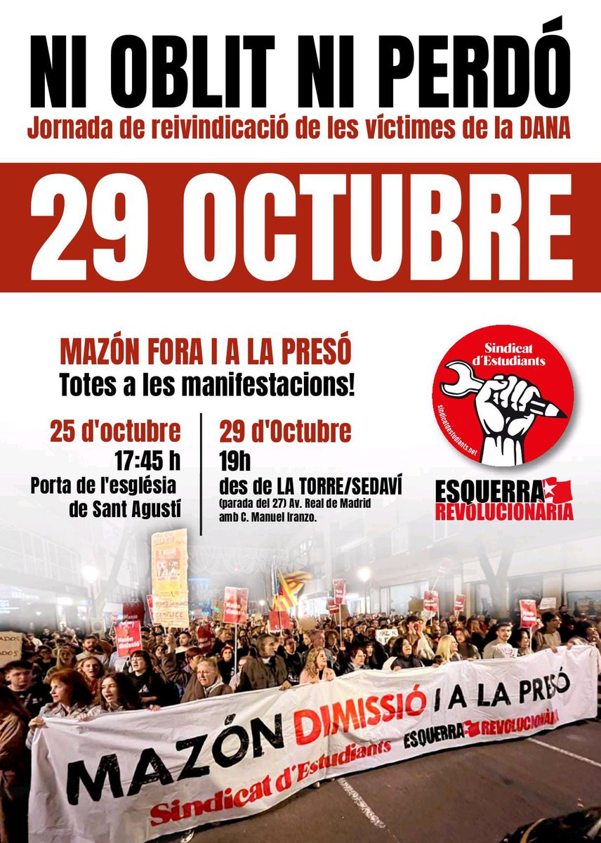 📢 29 d’Octubre · Jornada de reivindicació de les víctimes de la DANA

Fa un any de la tragèdia que va arrabassar 229 vides a l’Horta Sud. Mazón i el seu govern volen convertir el dolor en propaganda.

Tornem als carrers per honorar les víctimes i exigir justícia i reparació.