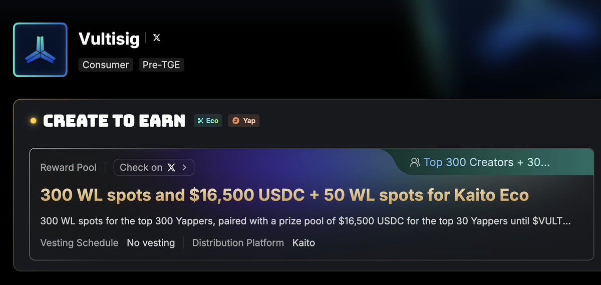 Infofi campaign that lasts for months kinda sucks sometimes.

But <a href="/vultisig/">Vultisig</a> just launched the shorted campaign on Kaito in history

This campaign will be live for 3 days.

Total prize pool:
> 300 community sale WL to top 300 yappers
> $16,500 to top 30 yappers

They'll be raising
