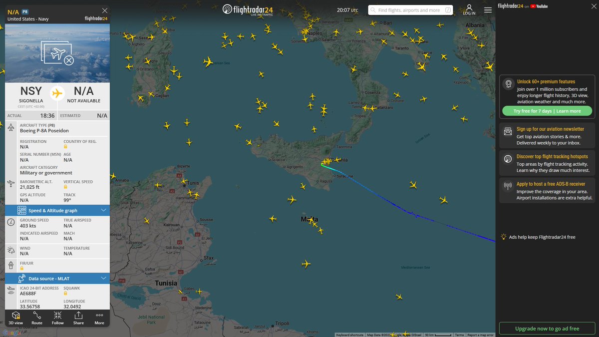 AIYeyENGDdJkjTr's tweet photo. Oct. 25, 2025
#Naval Air Station Sigonella #Mediterranean Sea #Lebanon-Syria offshore
#NoCALLSIGN #AE688F USN P-8A Poseidon
Refueling
#RAF Mildenhall #Mediterranean Sea
#NoCALLSIGN #AE04FB USAF KC-135R Stratotanker https://t.co/bg1Nlj6Vvc