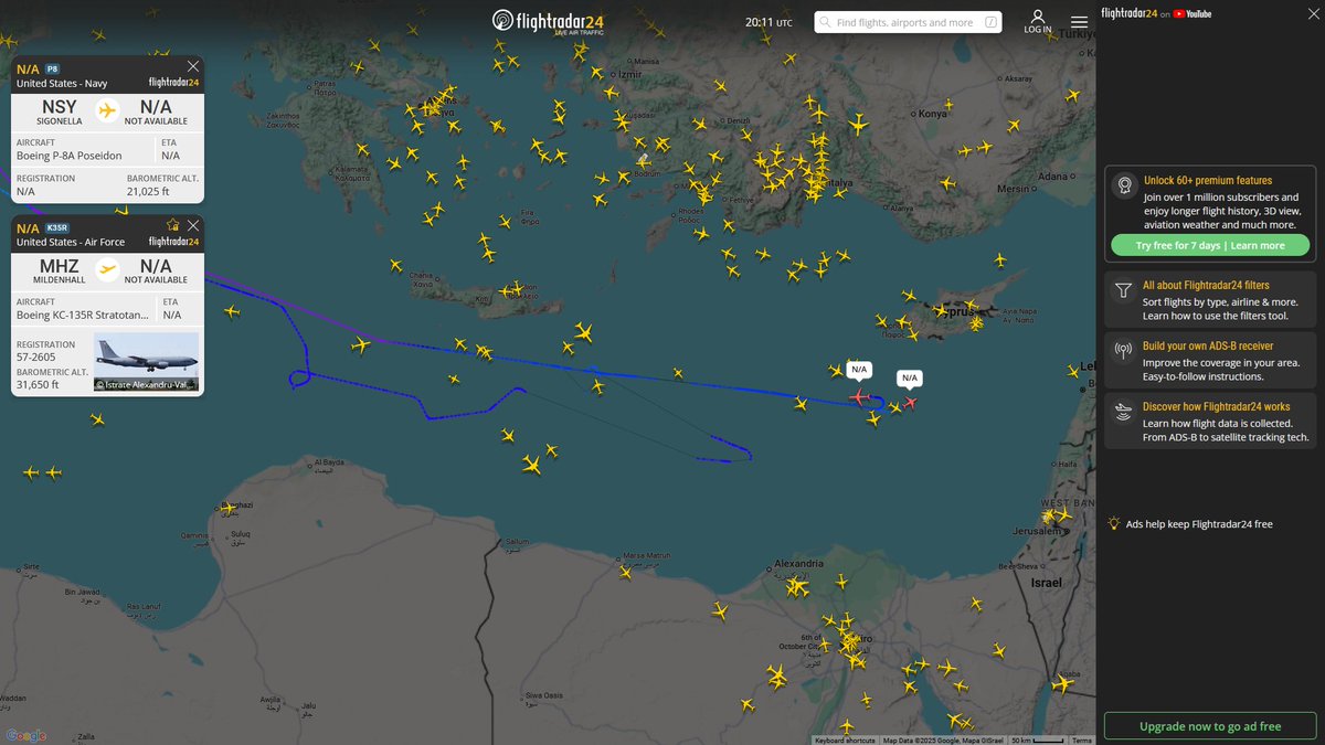 AIYeyENGDdJkjTr's tweet photo. Oct. 25, 2025
#Naval Air Station Sigonella #Mediterranean Sea #Lebanon-Syria offshore
#NoCALLSIGN #AE688F USN P-8A Poseidon
Refueling
#RAF Mildenhall #Mediterranean Sea
#NoCALLSIGN #AE04FB USAF KC-135R Stratotanker https://t.co/bg1Nlj6Vvc