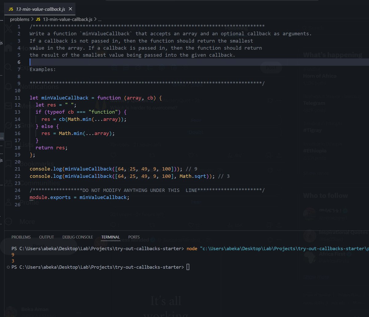 BEKAAMAN2's tweet image. Day 23 of #100DaysOfCode
✨ Built minValueCallback — returns the smallest number in an array
✨ If a callback is passed, returns cb(min)
#JavaScript #WebDev #Callbacks