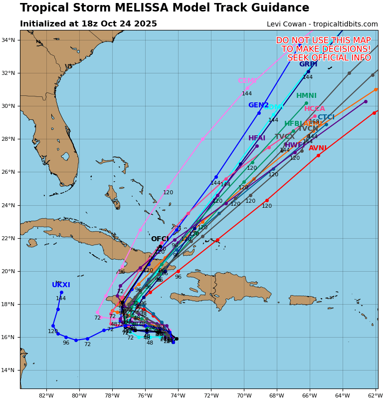 La idea de Jamaica dom-lun, Santiago de Cuba mar, y Bahamas miércoles es apoyada por un buen consenso entre los modelos hoy. Para RD pudiera significar que la cola del futuro huracán Melissa impacte entre mar 28 y jue 29. Los días "menos lluviosos" en RD serían dom-lun. 3/3 fin