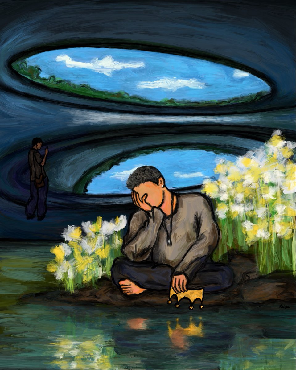 artistkiru's tweet image. “Lonely” 
Not all who spend time looking at themselves are narcissists. #rm #btsfanart #selfreflection