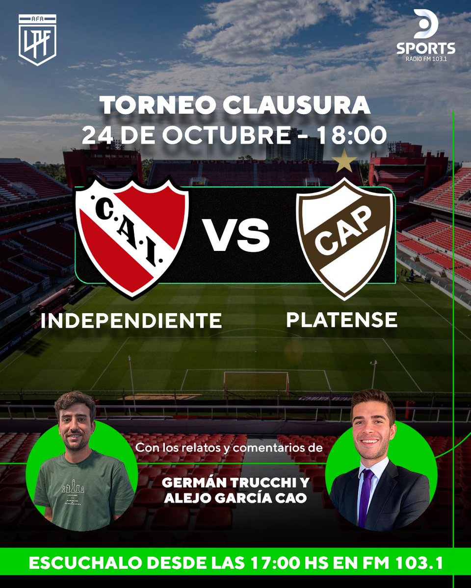 El Rojo busca su primer triunfo x <a href="/DSportsRadio/">DSports Radio 103.1 FM</a> 103.1 
#TorneoClausura 
#Independiente #Platense 
Junto a <a href="/gtrucchi_/">German</a> <a href="/alejogarciacao/">Alejo García Cao</a> <a href="/Facusanches9/">Facu Sanches</a> y <a href="/EstebanSassi/">esteban sassi</a>