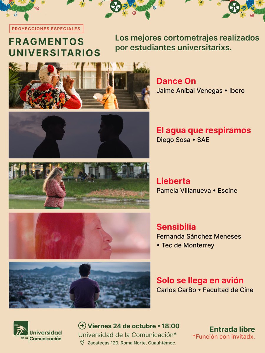 Una de las proyecciones especiales del #20DocsMX es «Fragmentos universitarios». Historias que nacen en las aulas y llegan a la pantalla grande.

📍 Viernes 24 de octubre • 18:00 h • <a href="/UC_oficial/">Universidad de la Comunicación</a>
🎟️ Entrada libre |

#20DocsMX #CineDocumental #CineUniversitario