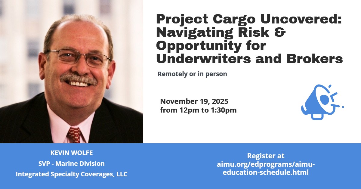 Join us for a webinar on  Nov. 19th, Project Cargo Uncovered: Navigating Risk &amp; Opportunity for Underwriters and Brokers, that explores the complex world of marine project cargo insurance. 

Register at aimu.org/edprograms/aim…
#AIMUEducation