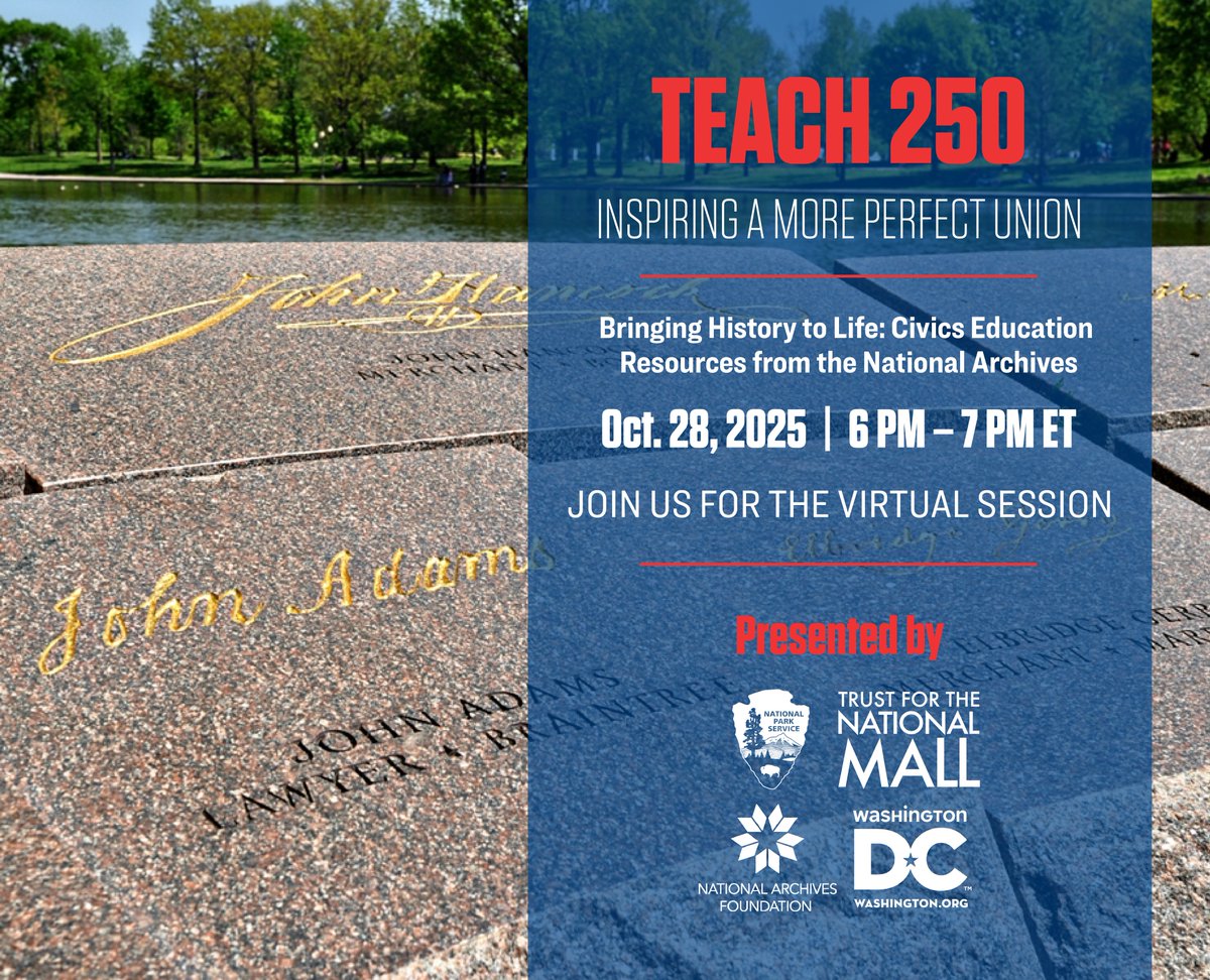 archivesfdn's tweet image. 🏛️ Join us and the @thenationalmall for Teach 250: Bringing History to Life, where educators explore @DocsTeach &amp;amp; #100Docs to make civics come alive in the classroom.

Discover, debate, and inspire the next generation ➡️ nationalmall.org/calendar/teach…