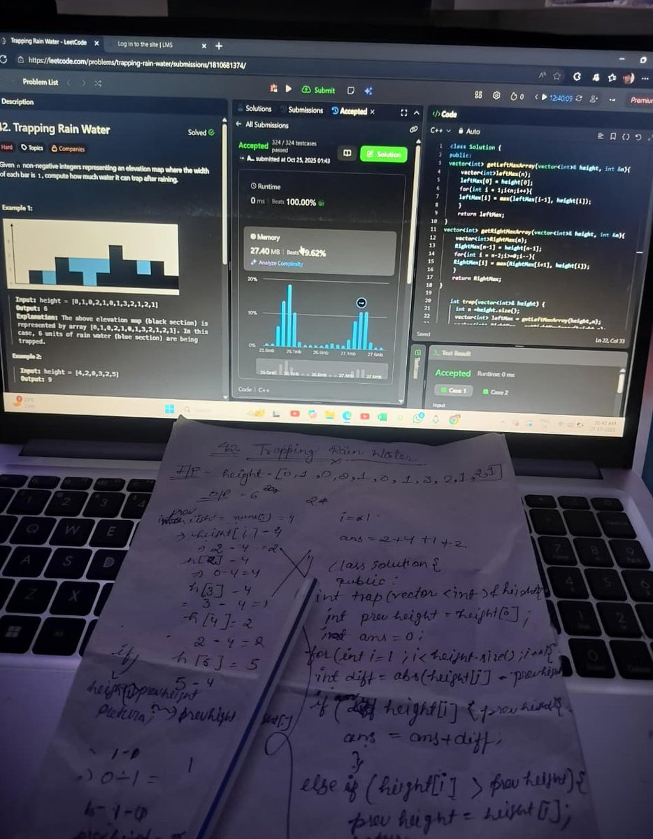 AnchalGupta009's tweet image. Day 32: Trapping Rain Water 💧
Used precomputed arrays (leftMax, rightMax) to store bounds 
Calculated trapped water efficiently → 100% runtime ⚡
#LeetCode #CPP #CodingJourney #ProblemSolving