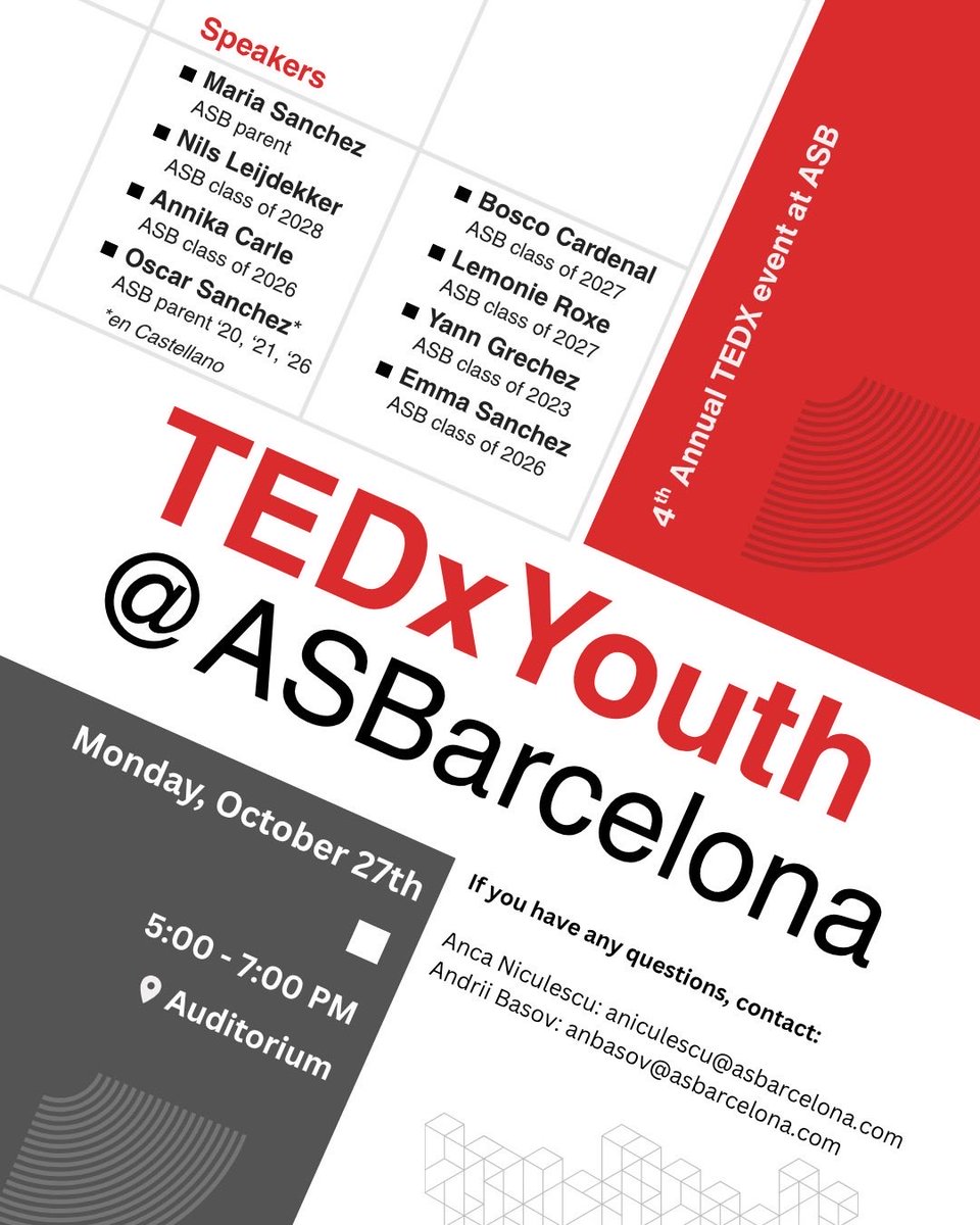 🔴 TEDxYouth @ ASBarcelona 

Come join an inspiring event where students, parents and alumni take the stage to share their stories, passions, and perspectives.

🗓️ Monday, October 27, 5:00 PM
📍ASB Auditorium 

myasb.asbarcelona.com/asbmarket/prod…