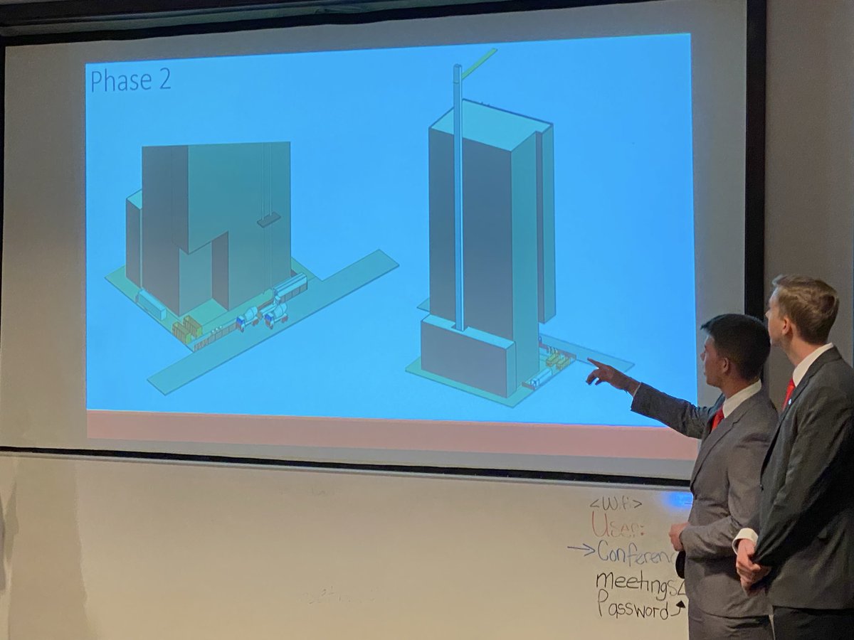 FSUCMPROF's tweet image. Commercial team (Red Rock) presentation. They did a great job answering questions and responding to the challenges the judges threw at them. A twist this year, the judges asked for a resubmission at 6:30pm this evening of their estimate.