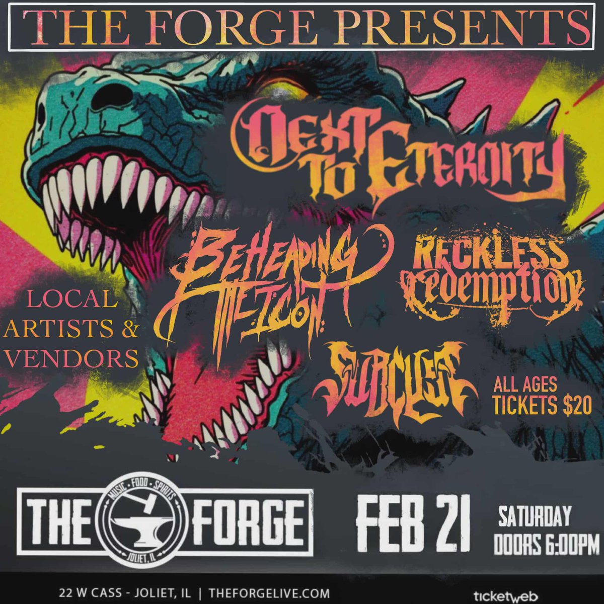NextToEternity's tweet photo. @Theforge presents a night of chaos and riffs 🔥
Next to Eternity • Beheading The Icon • Reckless Redemption • Subcyst
Local artists + vendors // All ages // $20
Saturday, Feb 21 — Doors at 6PM

#TheForgeJoliet #MetalShow #IllinoisMetal #JolietEvents #NextToEternity https://t.co/hAYmgW4dR6